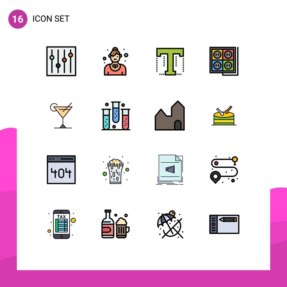 16 thematische Vektor-Flachfarben gefüllte Linien und editierbare Symbole von Cocktail-Socket-Font-Plug-Gebäuden editierbare kreative Vektordesign-Elemente vektor