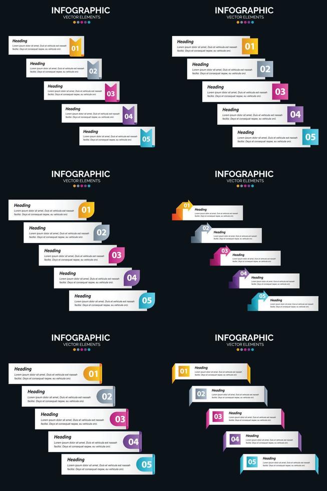 Vektor 6 Infografiken Pack Präsentationsfolie Vorlage 5 Schritte Zyklusdiagramme und Zeitleisten