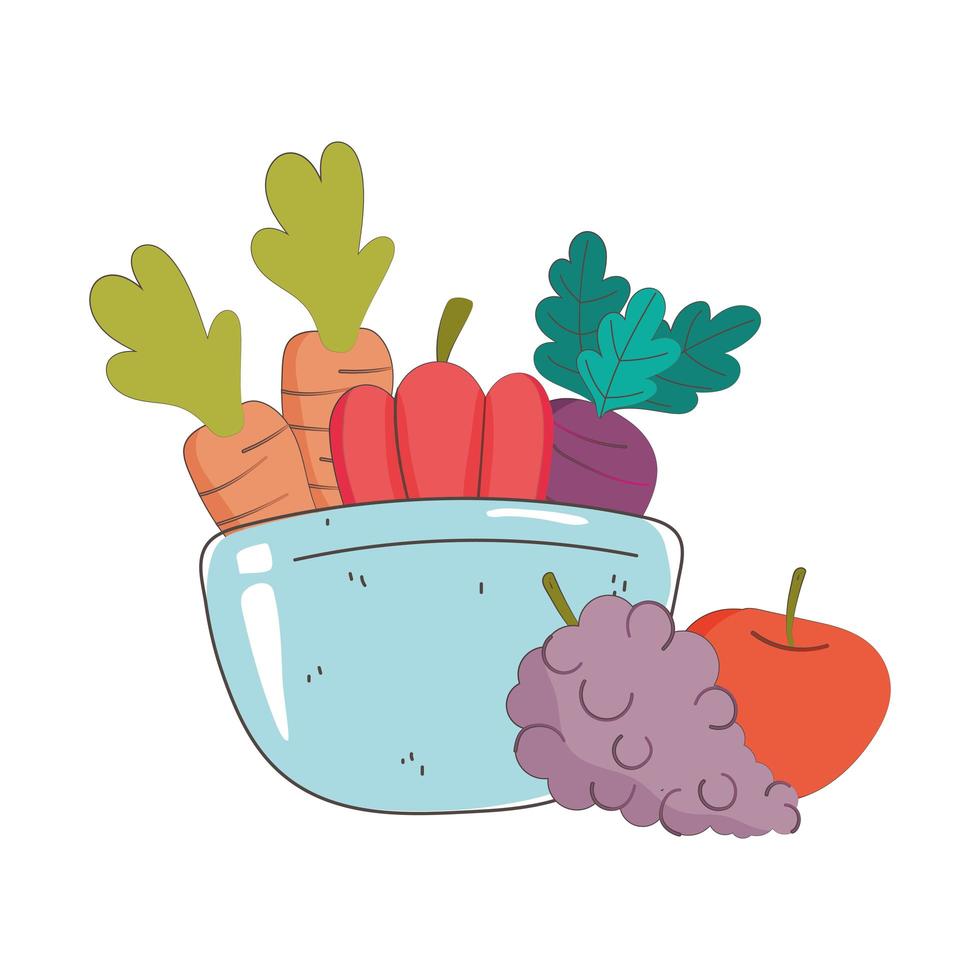 Schüssel mit Karotten-Pfeffer-Trauben und apfelfrischen Bio-Lebensmitteln mit Obst und Gemüse vektor