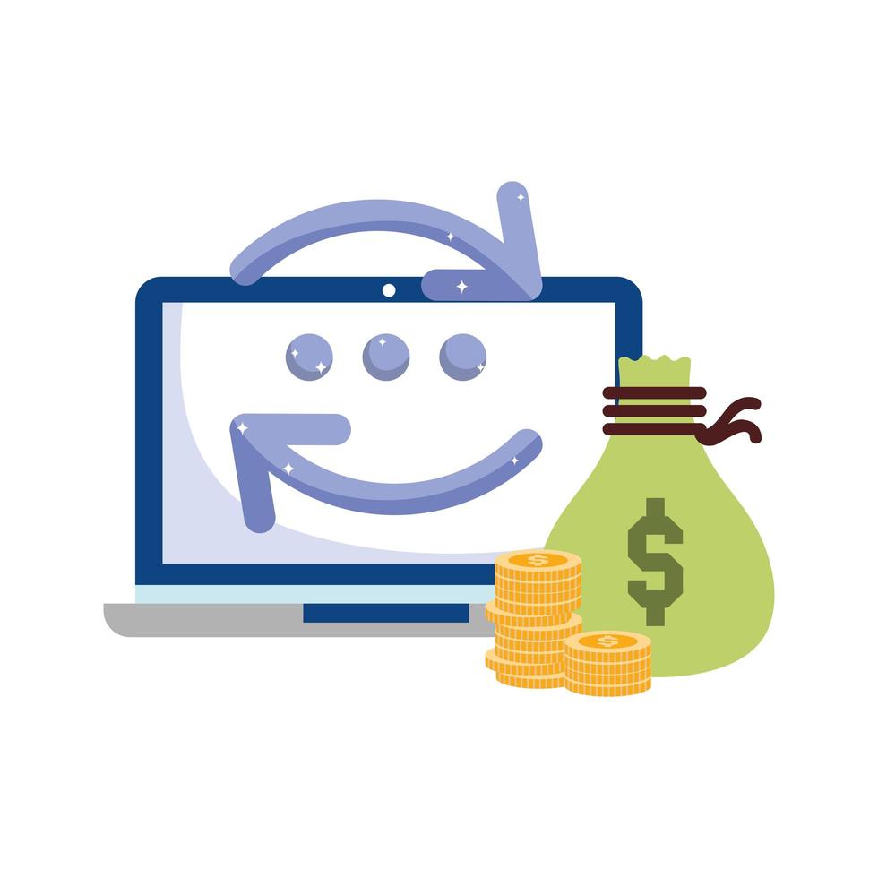 Online-Zahlung, Laptop Geldsack Münzen Transfer, E-Commerce-Markt einkaufen, mobile App vektor