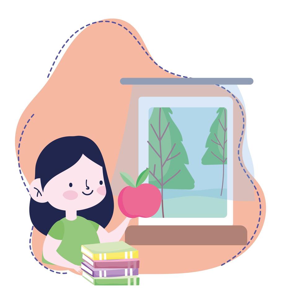 Online-Bildung, Studentin mit Apfel und Büchern zu Hause, Website und mobile Schulungen vektor