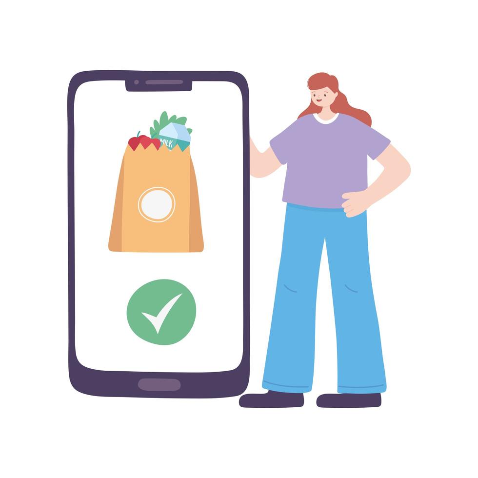 covid-19 coronaviruspandemi, leveransservice, kund med smartphone och livsmedelspåse vektor