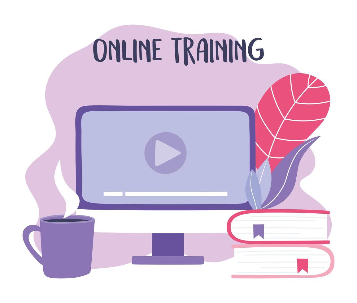 Online-Schulungen, Computer-Video-Website Bücher und Kaffeetasse, Bildung und Kurse digital lernen vektor