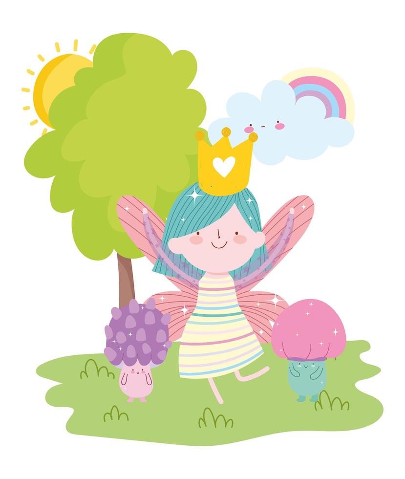 liten älv prinsessa svamp regnbåge moln fantasy berättelse tecknad film vektor