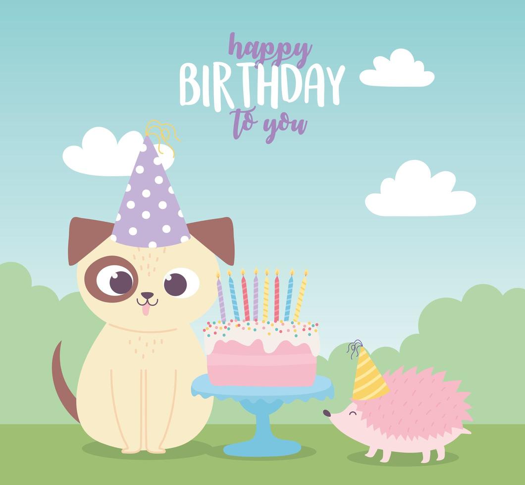 Grattis på födelsedagen, söt hund igelkott med tårta och fest hattar firande dekoration tecknad film vektor