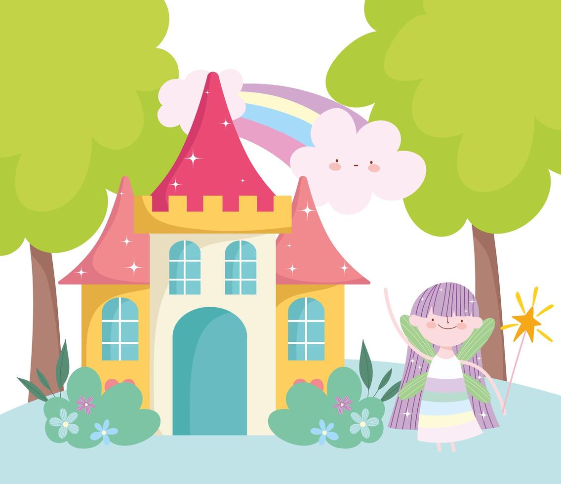 kleine Märchenprinzessin mit Zauberstabschloss und Regenbogenmärchenkarikatur vektor