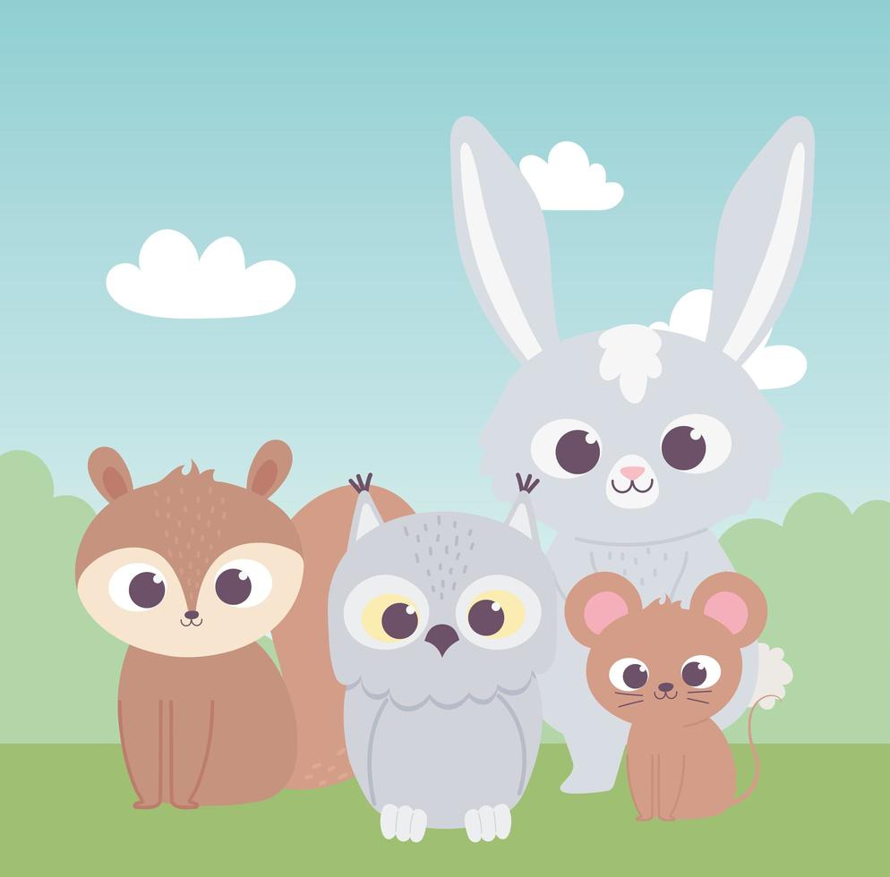 kleine niedliche Eule Eichhörnchen Kaninchen und Maus Cartoon Tiere vektor