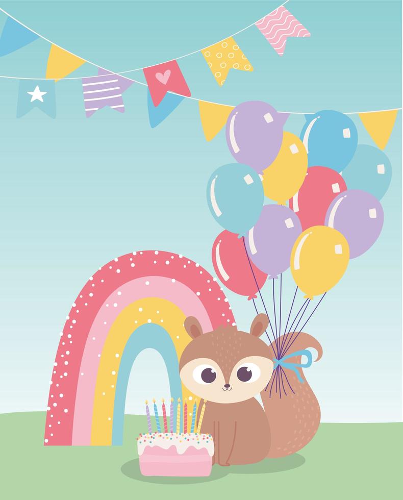 Grattis på födelsedagen, söt ekorre med tårta ballonger regnbåge firande dekoration tecknad vektor