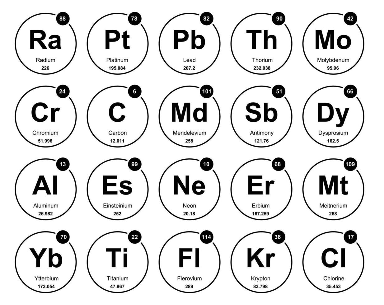 20 prejodisk tabell av de element ikon packa design vektor