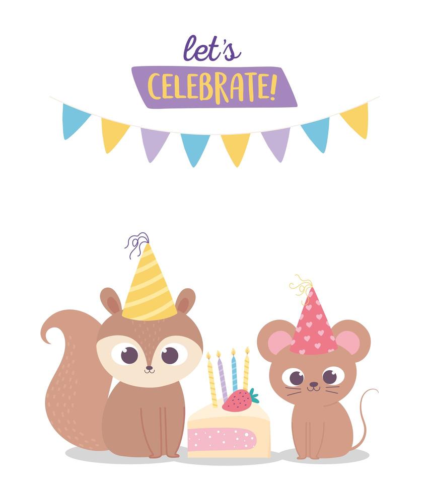 Alles Gute zum Geburtstag, niedliches Eichhörnchen und Maus mit Partyhüten und Kuchenfeierdekorationskarikatur vektor