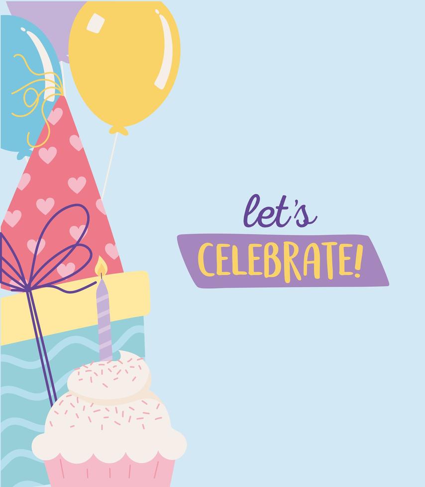Grattis på födelsedagen, cupcake present hatt och ballonger firande dekoration tecknad vektor
