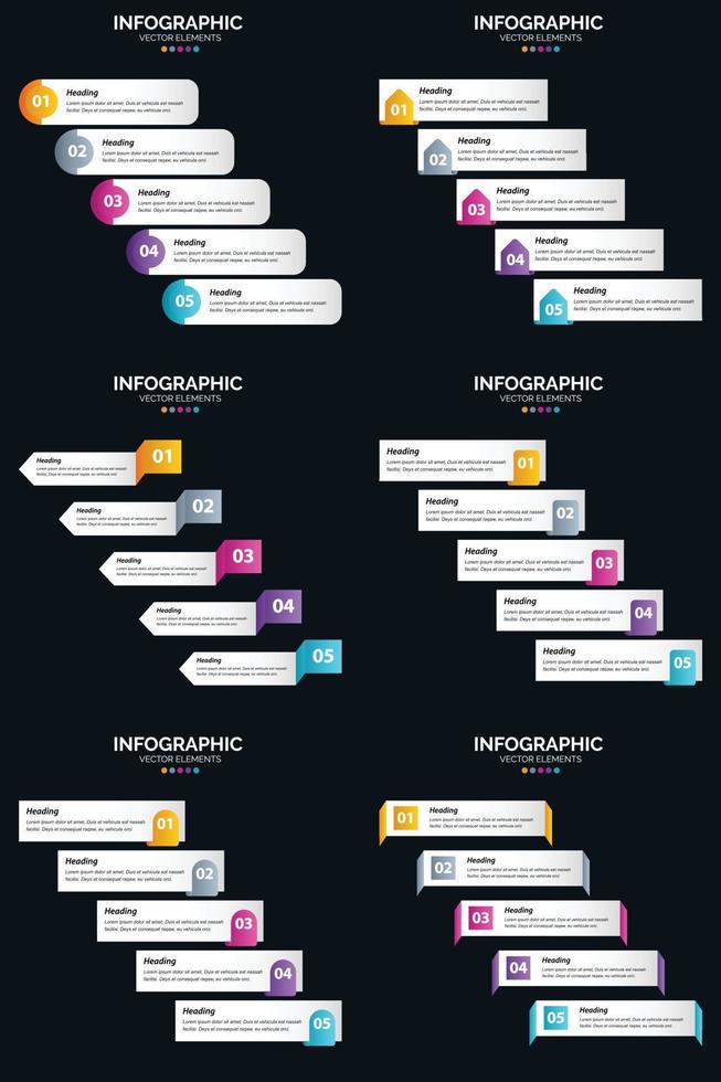 Vektor 6 Infografiken Pack Präsentationsfolie Vorlage 5 Schritte Zyklusdiagramme und Zeitleisten