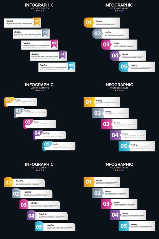 Vektor 6 Infografiken Pack Präsentationsfolie Vorlage 5 Schritte Zyklusdiagramme und Zeitleisten