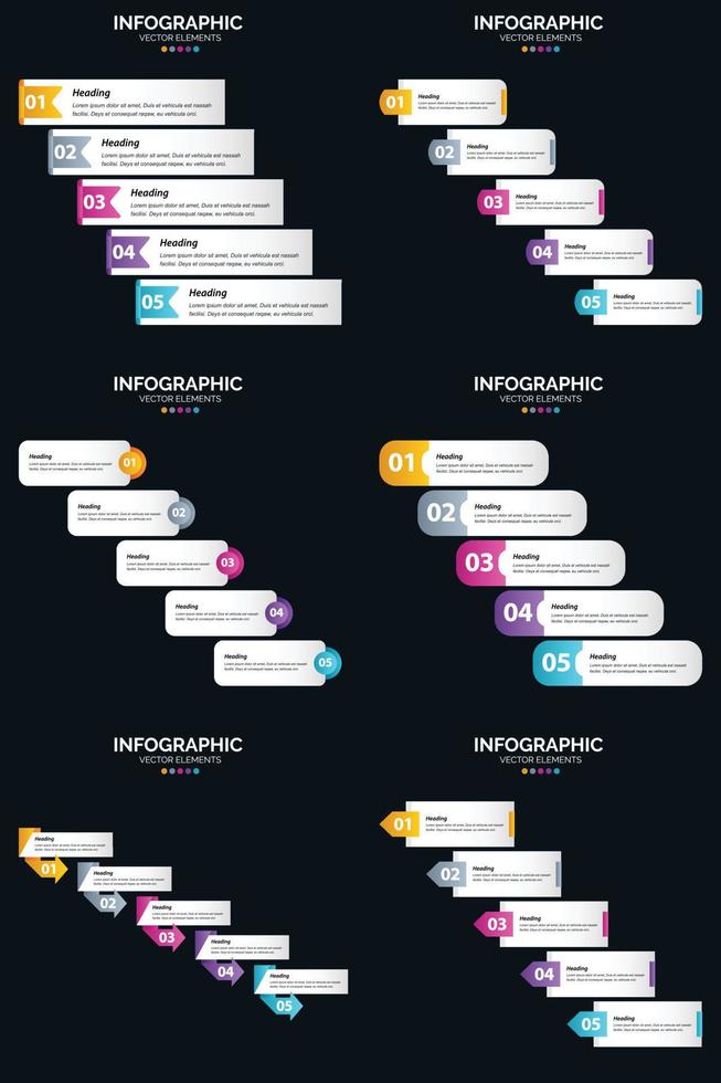 Vektor 6 Infografiken Pack Präsentationsfolie Vorlage 5 Schritte Zyklusdiagramme und Zeitleisten