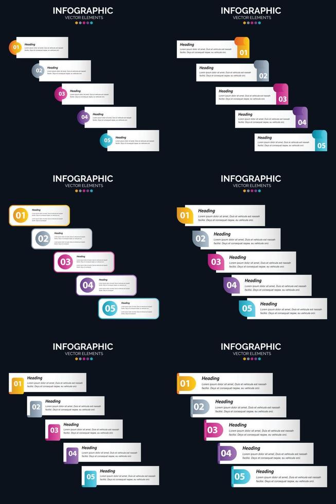 Vektor 6 Infografiken Pack Präsentationsfolie Vorlage 5 Schritte Zyklusdiagramme und Zeitleisten