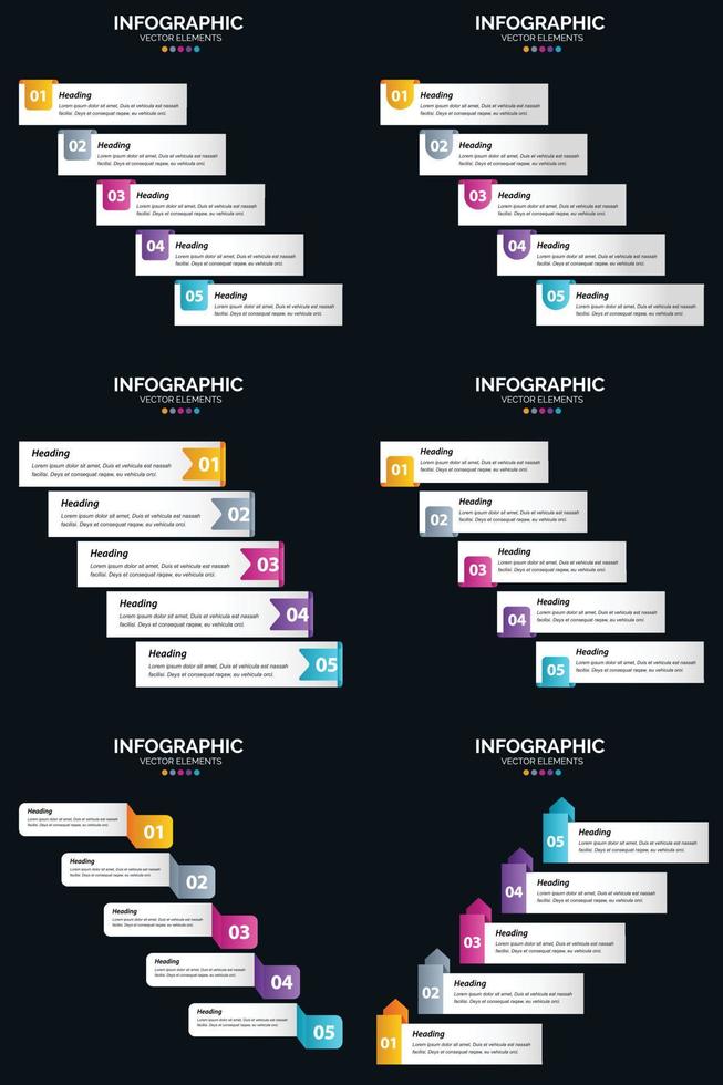 Vektor 6 Infografiken Pack Präsentationsfolie Vorlage 5 Schritte Zyklusdiagramme und Zeitleisten