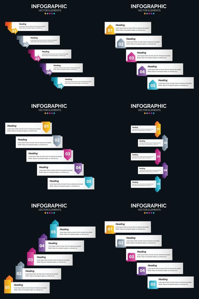 Vektor 6 Infografiken Pack Präsentationsfolie Vorlage 5 Schritte Zyklusdiagramme und Zeitleisten