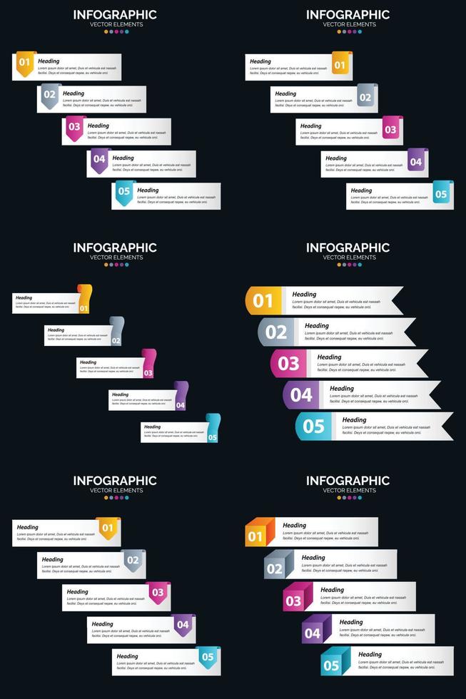 Vektor 6 Infografiken Pack Präsentationsfolie Vorlage 5 Schritte Zyklusdiagramme und Zeitleisten