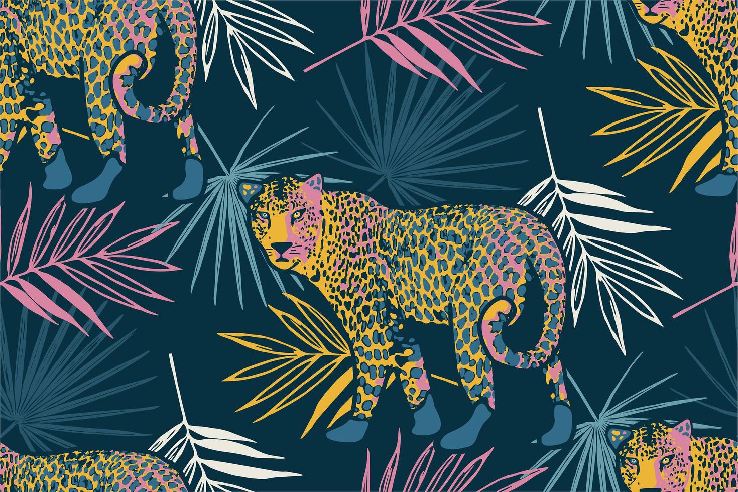 tropiskt sömlöst mönster med palmblad och leopard. vektor
