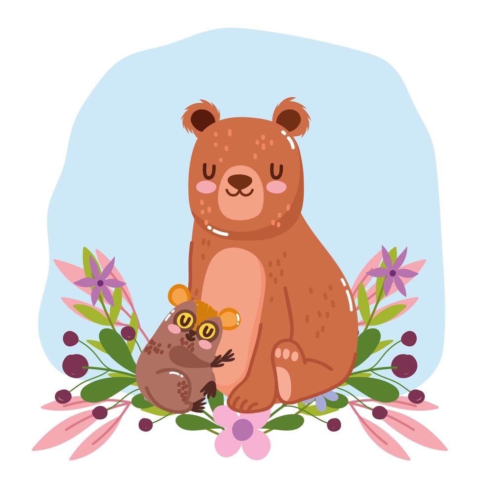 söta djur björn och tarsius blommor lövverk natur dekoration tecknad vektor
