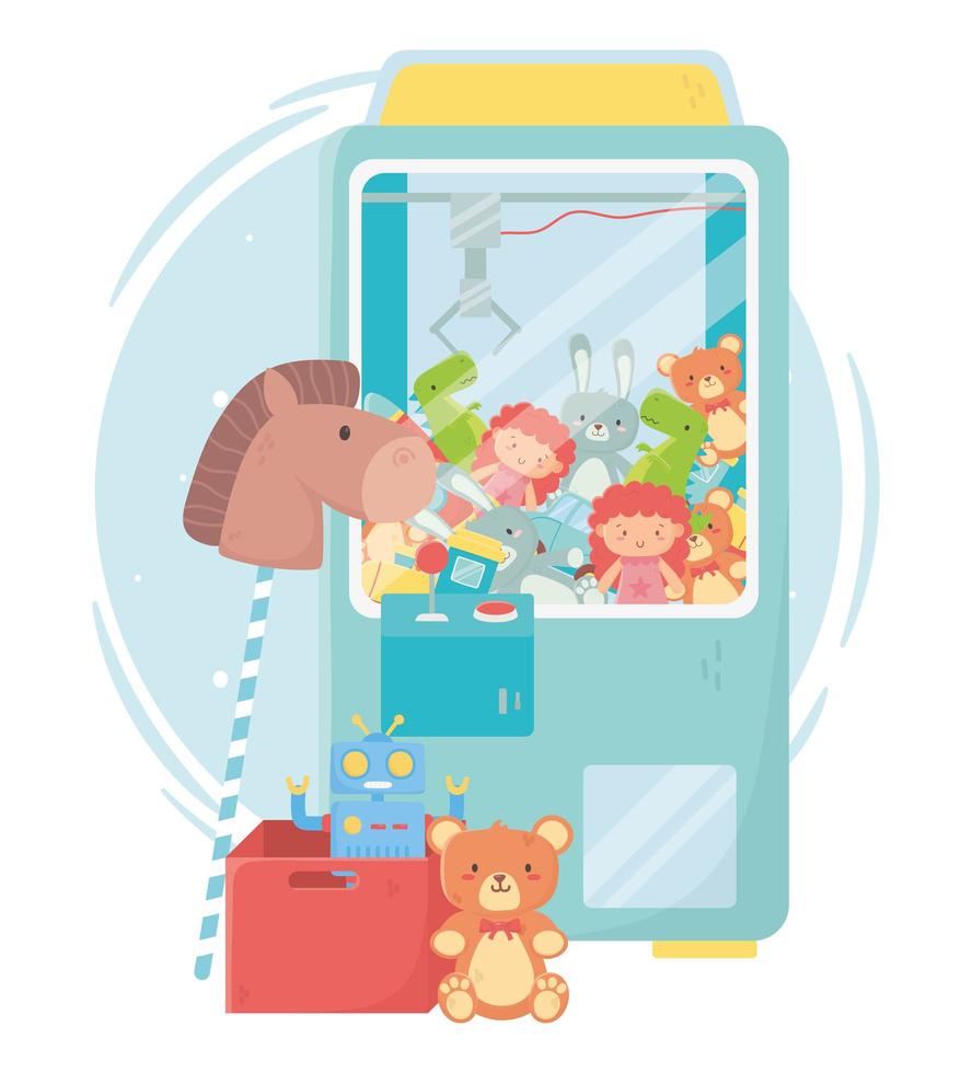 barnleksaker objekt underhållande tecknad teddyplockmaskin hästrobot och låda vektor