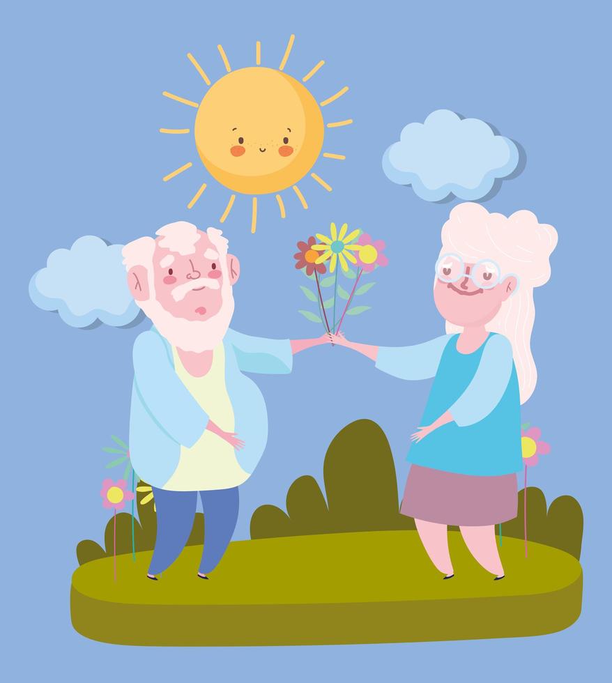 glücklicher Großelterntag, älterer Opa und Oma mit Blumenstraußblumenkarikatur vektor