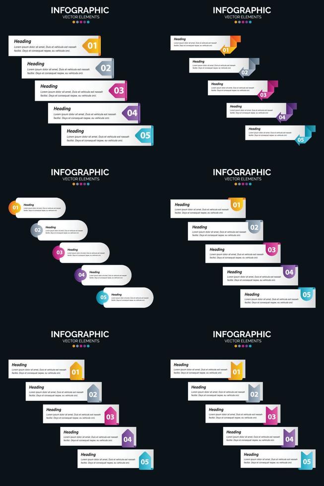 Vektor 6 Infografiken Pack Präsentationsfolie Vorlage 5 Schritte Zyklusdiagramme und Zeitleisten