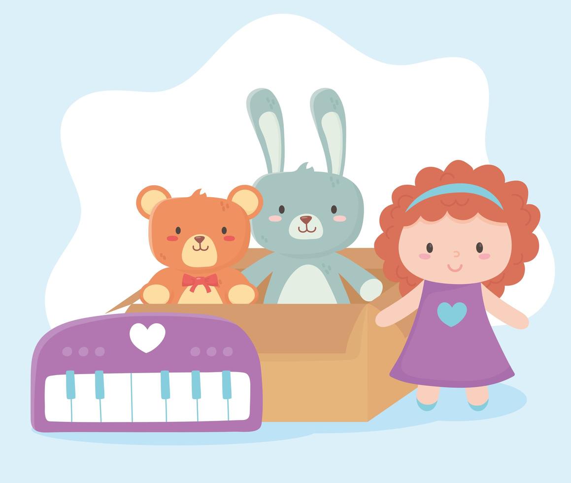 Kinderspielzeug Pappkarton mit Bärenkaninchenpuppe und Klavierobjekt amüsanter Cartoon vektor