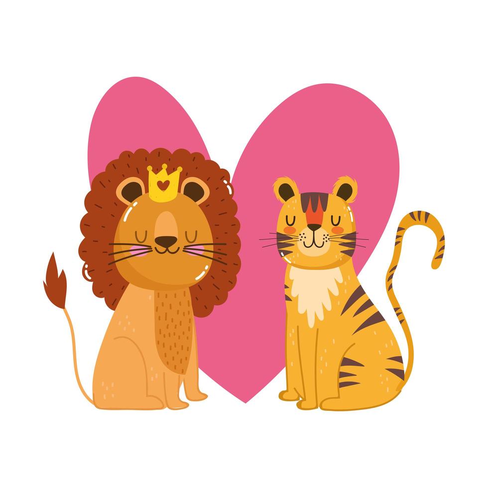 söta tecknade djur lejon och tiger blommor hjärta kärlek bedårande vektor
