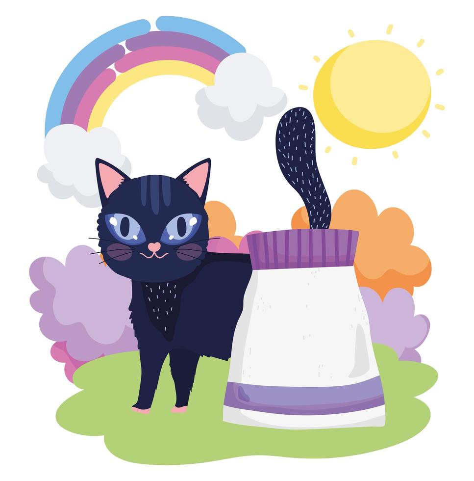 svart katt med matpaket gräs sol husdjur vektor