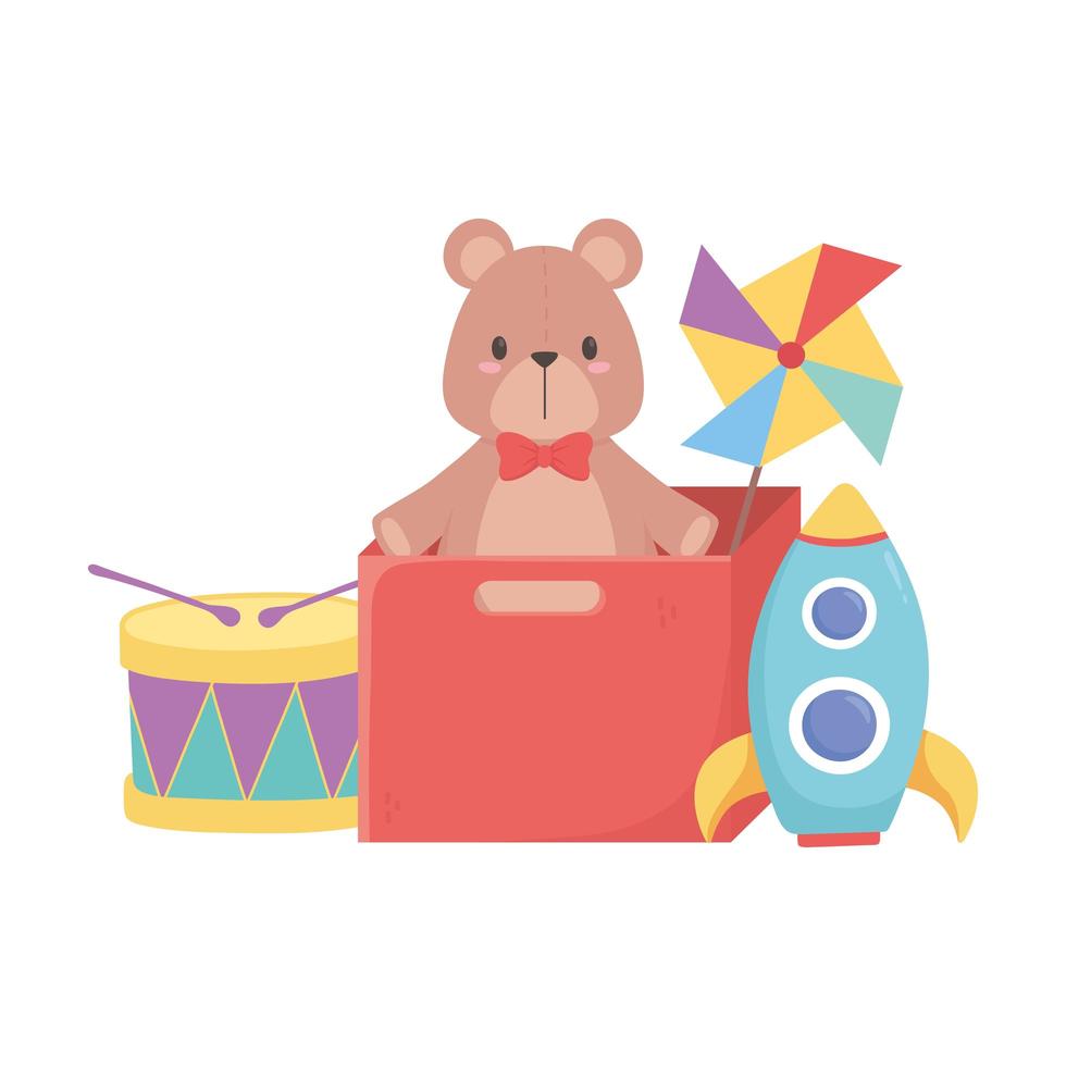 Kinderspielzeug Teddybär Rakete Windrad Trommel Objekt amüsant im Raum Cartoon vektor
