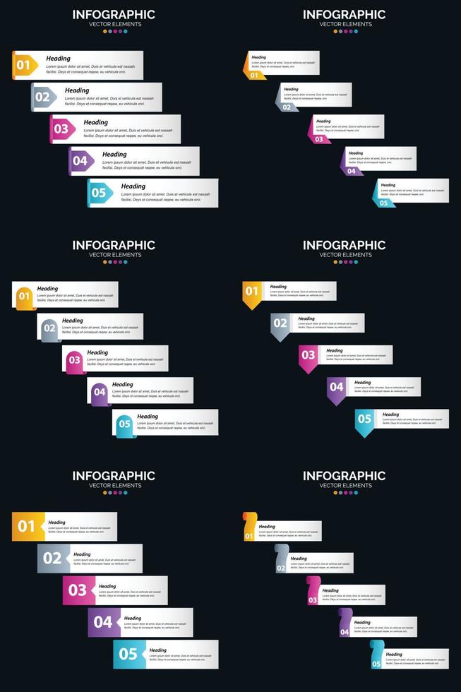 Vektor 6 Infografiken Pack Präsentationsfolie Vorlage 5 Schritte Zyklusdiagramme und Zeitleisten