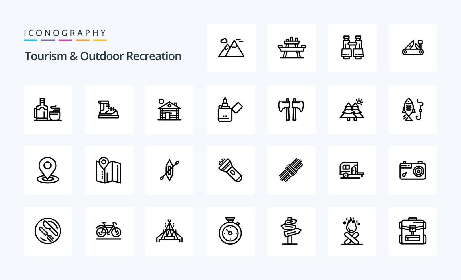 25 Symbolpaket für Tourismus- und Outdoor-Erholungslinien vektor