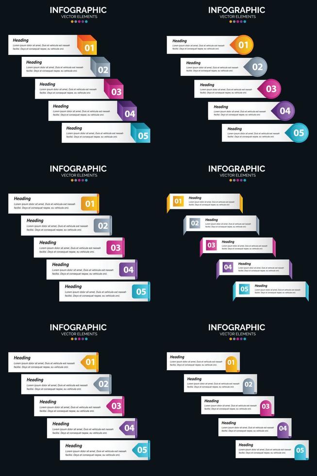 Vektor 6 Infografiken Pack Präsentationsfolie Vorlage 5 Schritte Zyklusdiagramme und Zeitleisten