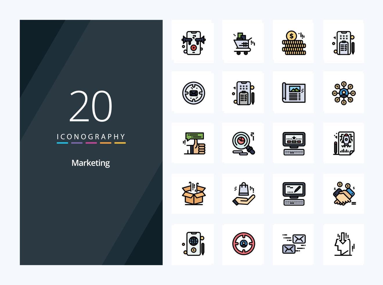 20 marknadsföring linje fylld ikon för presentation vektor