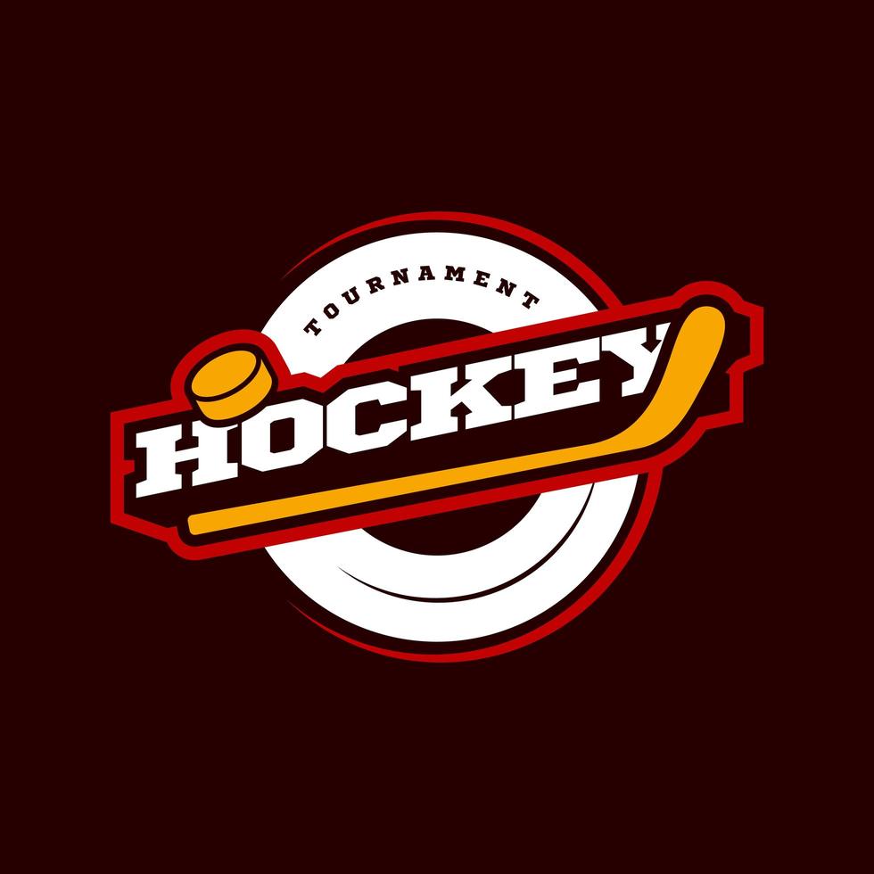 hockeysportlogotyp. modern professionell sportig hockeymästerskap eller typografi i retrostil med stick och puck. vektor design emblem, badge och sportig mall logotyp design.