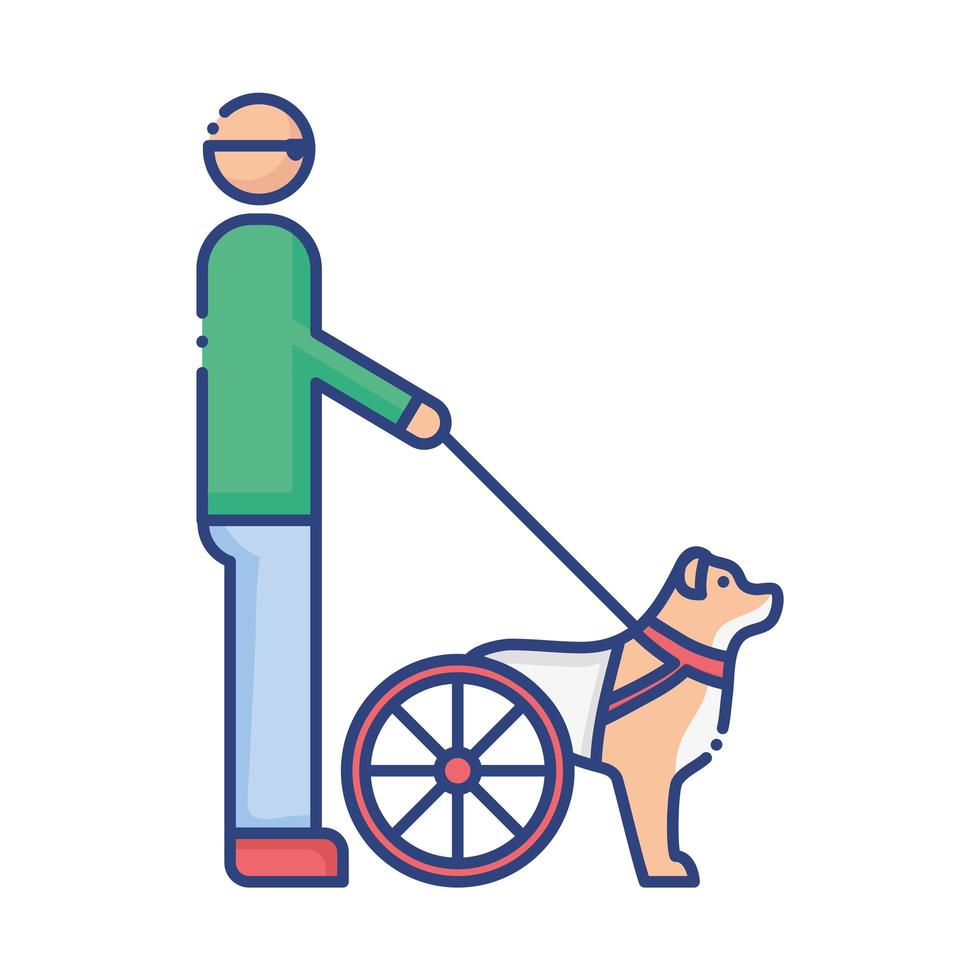 hund funktionshindrad med hjul som leder den blinda mannen platt stilikon vektor