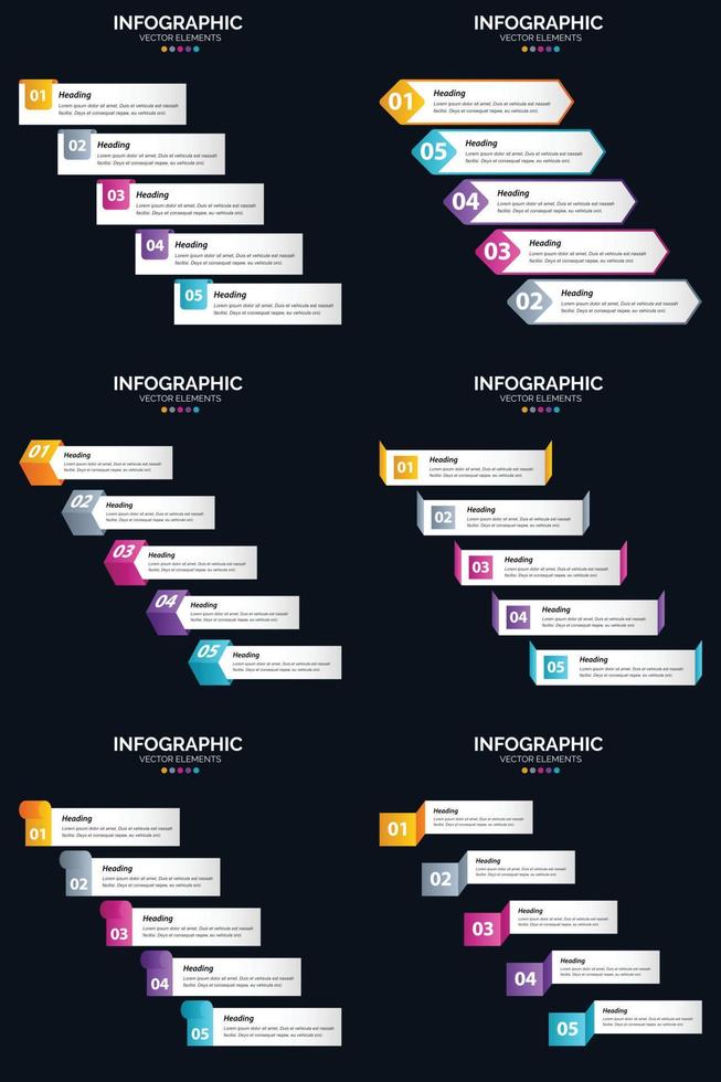 Vektor 6 Infografiken Pack Präsentationsfolie Vorlage 5 Schritte Zyklusdiagramme und Zeitleisten