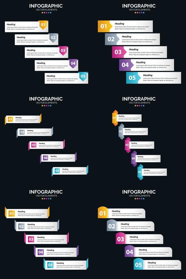 Vektor 6 Infografiken Pack Präsentationsfolie Vorlage 5 Schritte Zyklusdiagramme und Zeitleisten