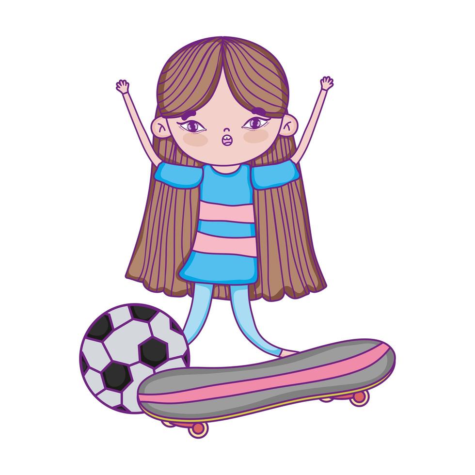 Glücklicher Kindertag, kleines Mädchen mit Skateboards und Ball im Park vektor