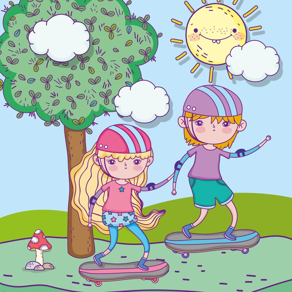 Glücklicher Kindertag, Junge und Mädchen reiten Skateboard im Park vektor