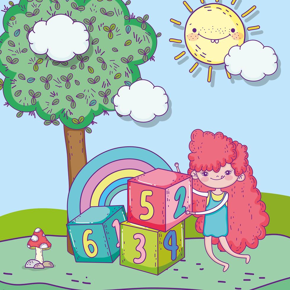 glücklicher Kindertag, süßes Mädchen mit Zahlen blockiert Park vektor