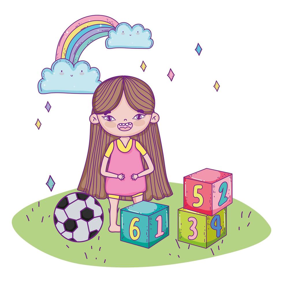 lycklig barns dag, söt tjej med block och fotboll i gräs vektor