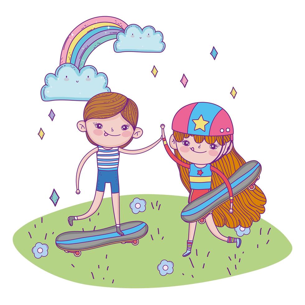glücklicher Kindertag, niedlicher Junge und Mädchen mit Skateboard im Gras vektor