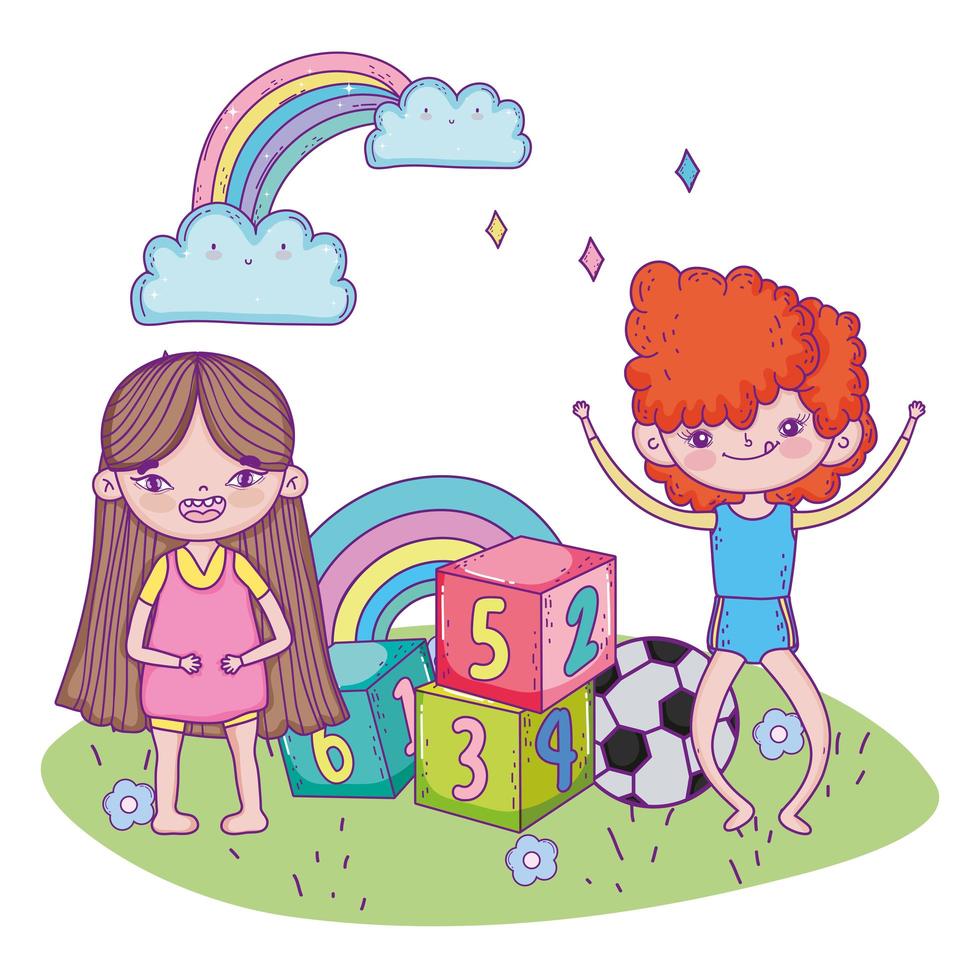 lycklig barns dag, pojke och flicka med bollnummer blockerar park vektor
