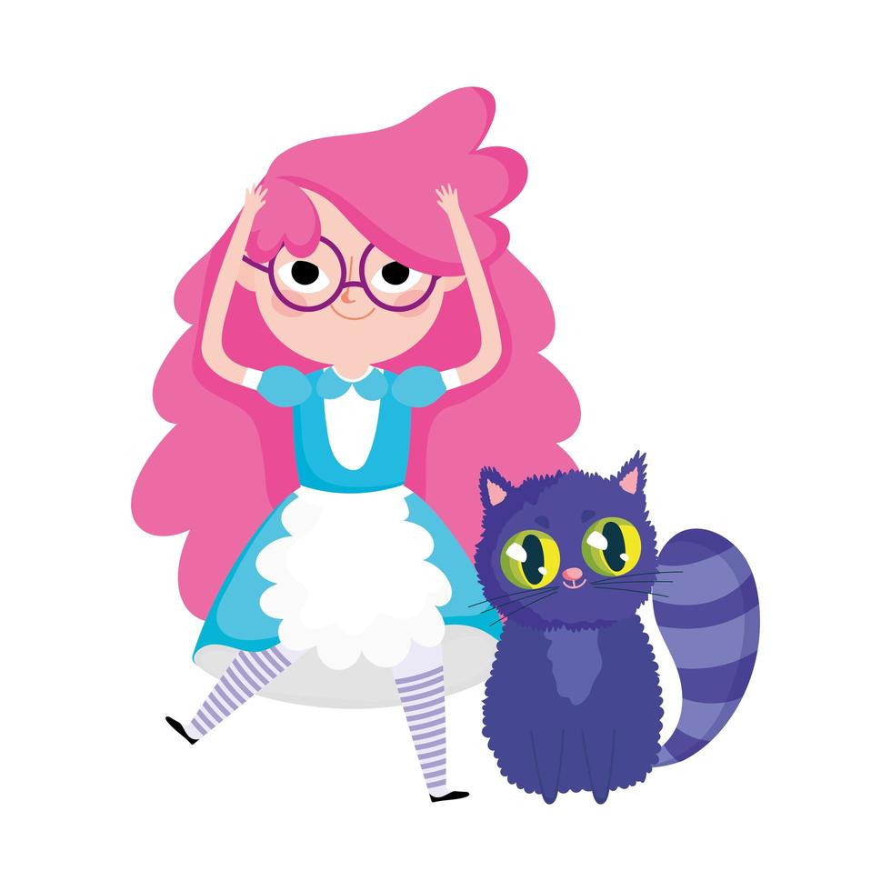 Mädchen und Katze Wunderland Zeichentrickfiguren vektor
