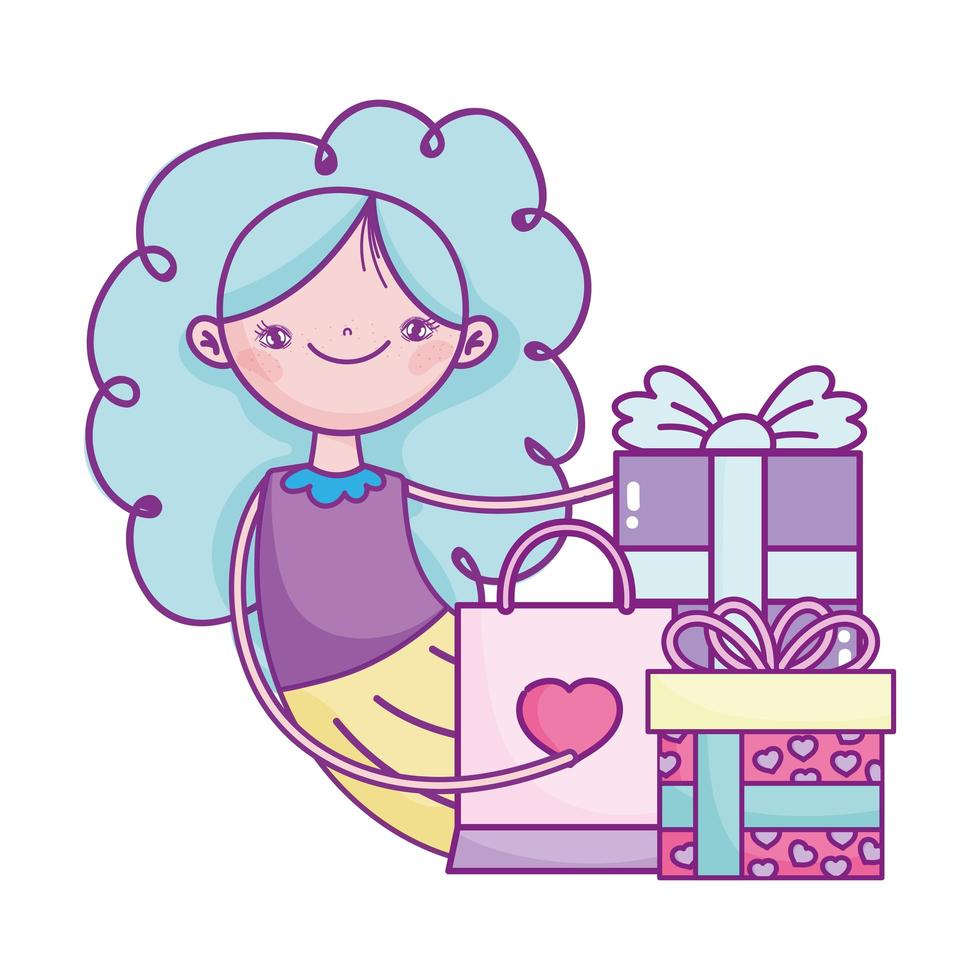 glücklicher Valentinstag, Mädchen mit Geschenken und Einkaufstaschenfeier vektor
