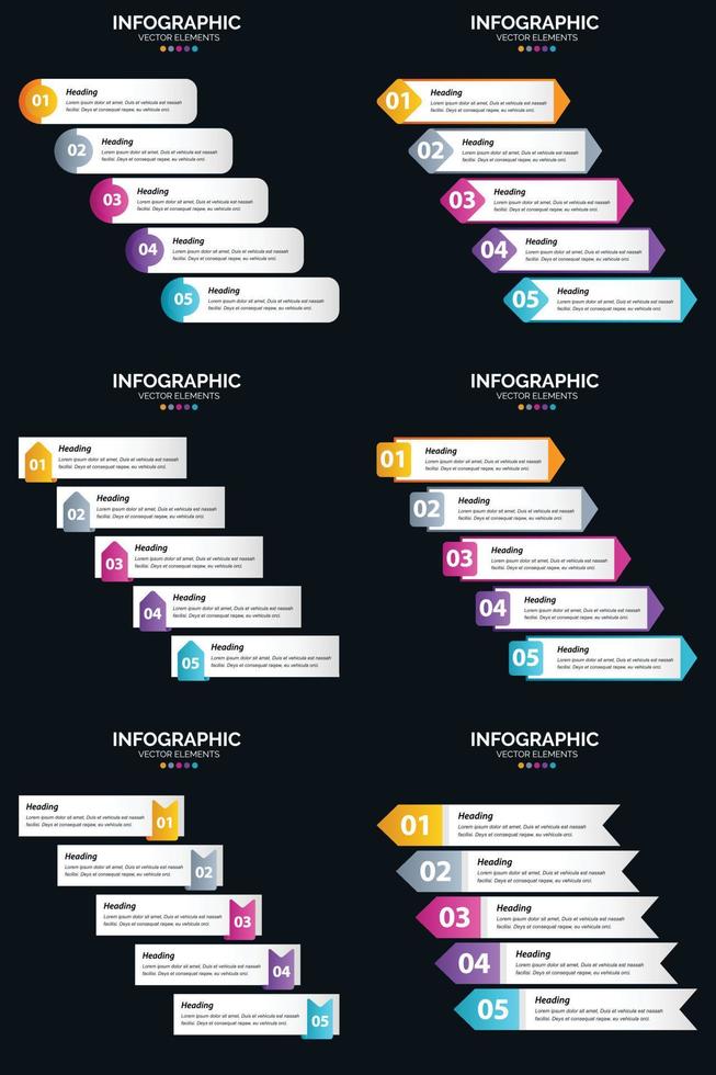 Vektor 6 Infografiken Pack Präsentationsfolie Vorlage 5 Schritte Zyklusdiagramme und Zeitleisten