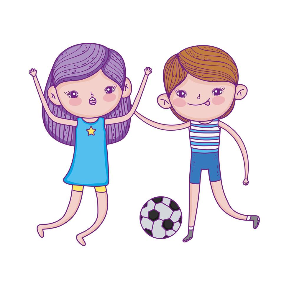 glücklicher Kindertag, Junge und Mädchen, die mit Fußballballkarikatur spielen vektor