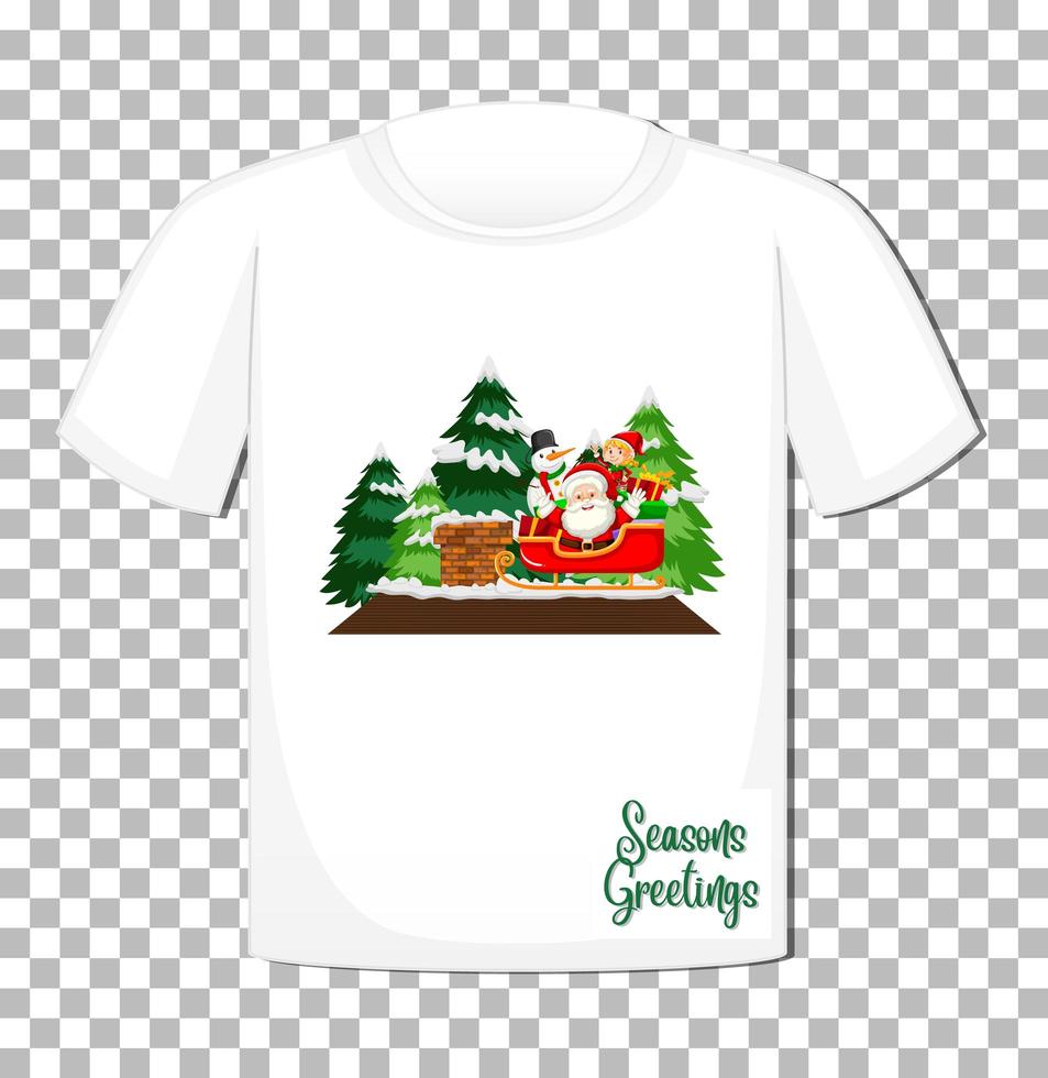 Weihnachtsmann, der im Schlittenkarikaturcharakter im Weihnachtsthema auf T-Shirt auf transparentem Hintergrund sitzt vektor